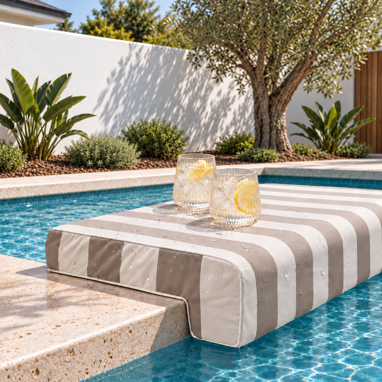 Striped Akti poolside cushion along the coping of a sunlit pool with two tumblers on top