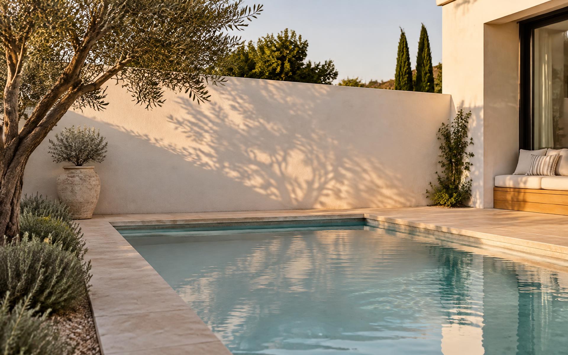 Modern Australian pool with sandstone coping and an olive tree